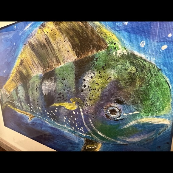 Framed Fish Art Print - Blue and Green mahi mahi dorado oil on canvas arts and - Picture 2 of 7